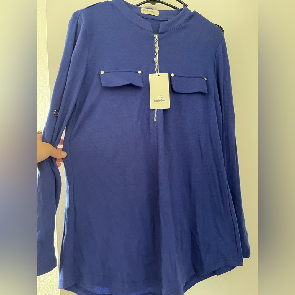 Brand New Long sleeve, Half Zip Front Cobalt Blue Shirt Blouse